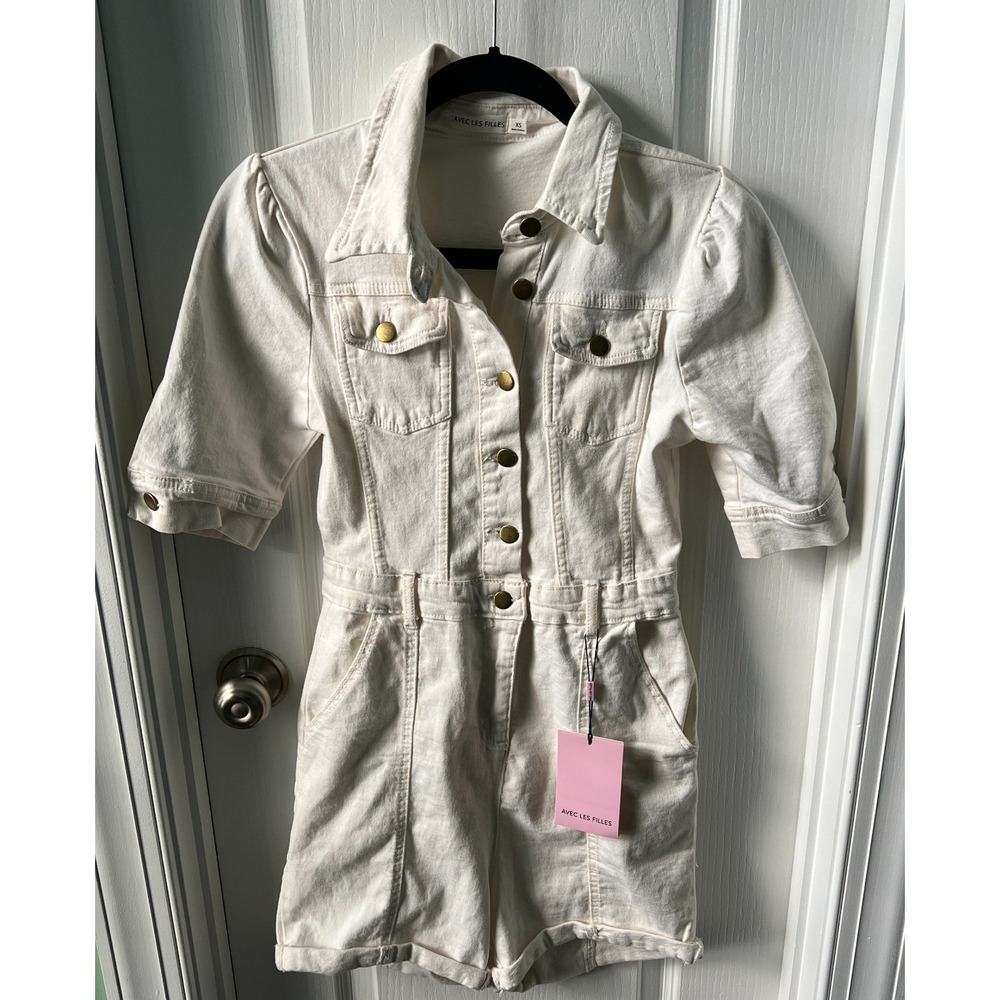 Anthropologie Avec Les Filles Womens Utility Denim Shorts Romper White Size XS